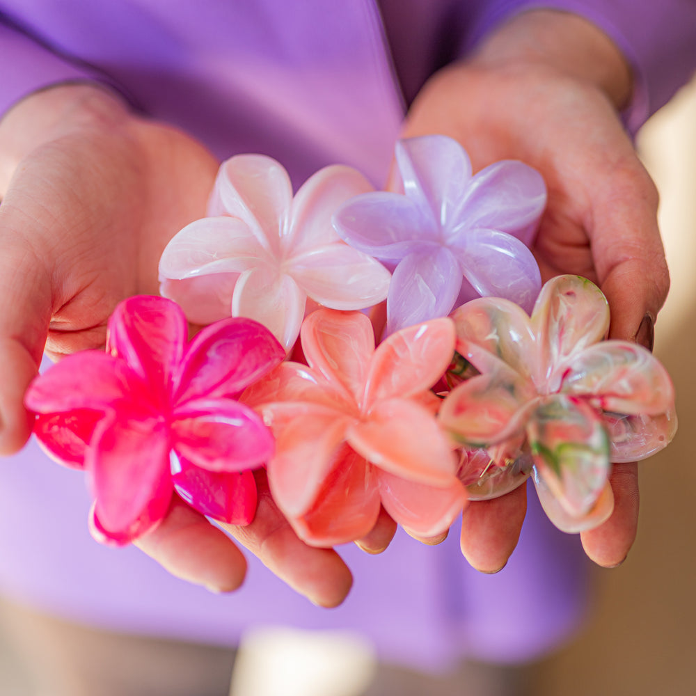Set bloem haarclips in verschillende kleuren voor dames in hand 